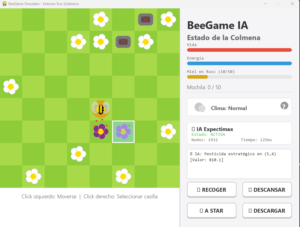 Captura de pantalla de BeeGame mostrando el tablero de juego con abejas, flores y obstáculos