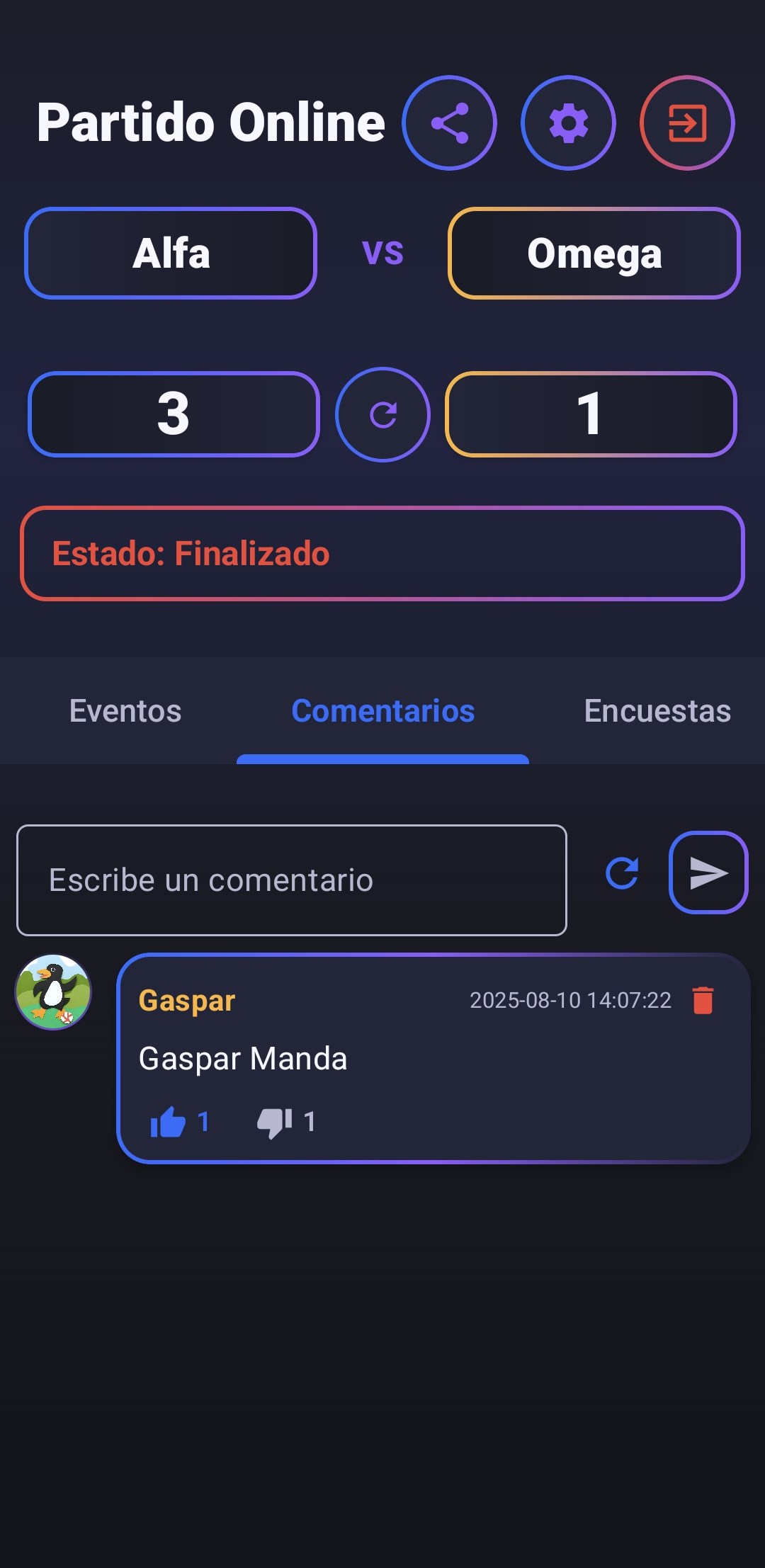 Comentarios del partido